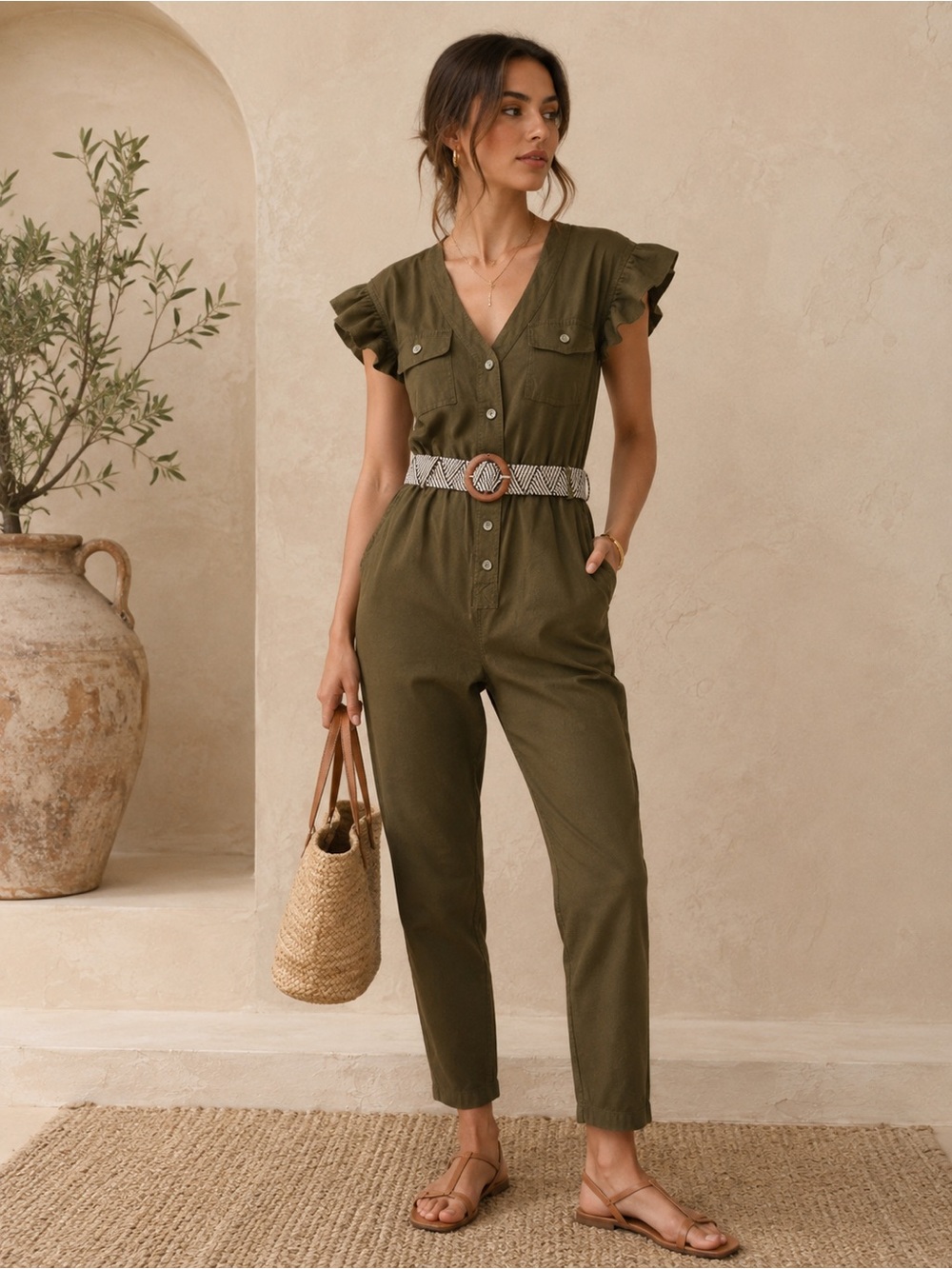 Anthropologie Tapered Ruffle V-Neck Jumpsuit in Olive Green Size XS
